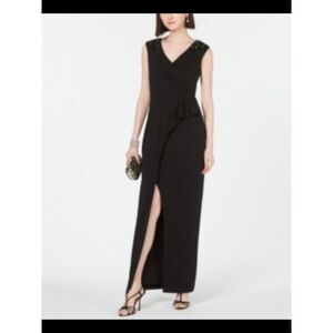 NWT ADRIANNA PAPELL Womens Black Cap Sleeve Maxi Wrap Formal Dress 12